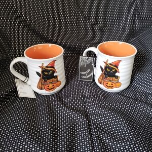 Cobwebs And Cauldrons Halloween Black Cat Witch Mugs Set Of 2 NWT
